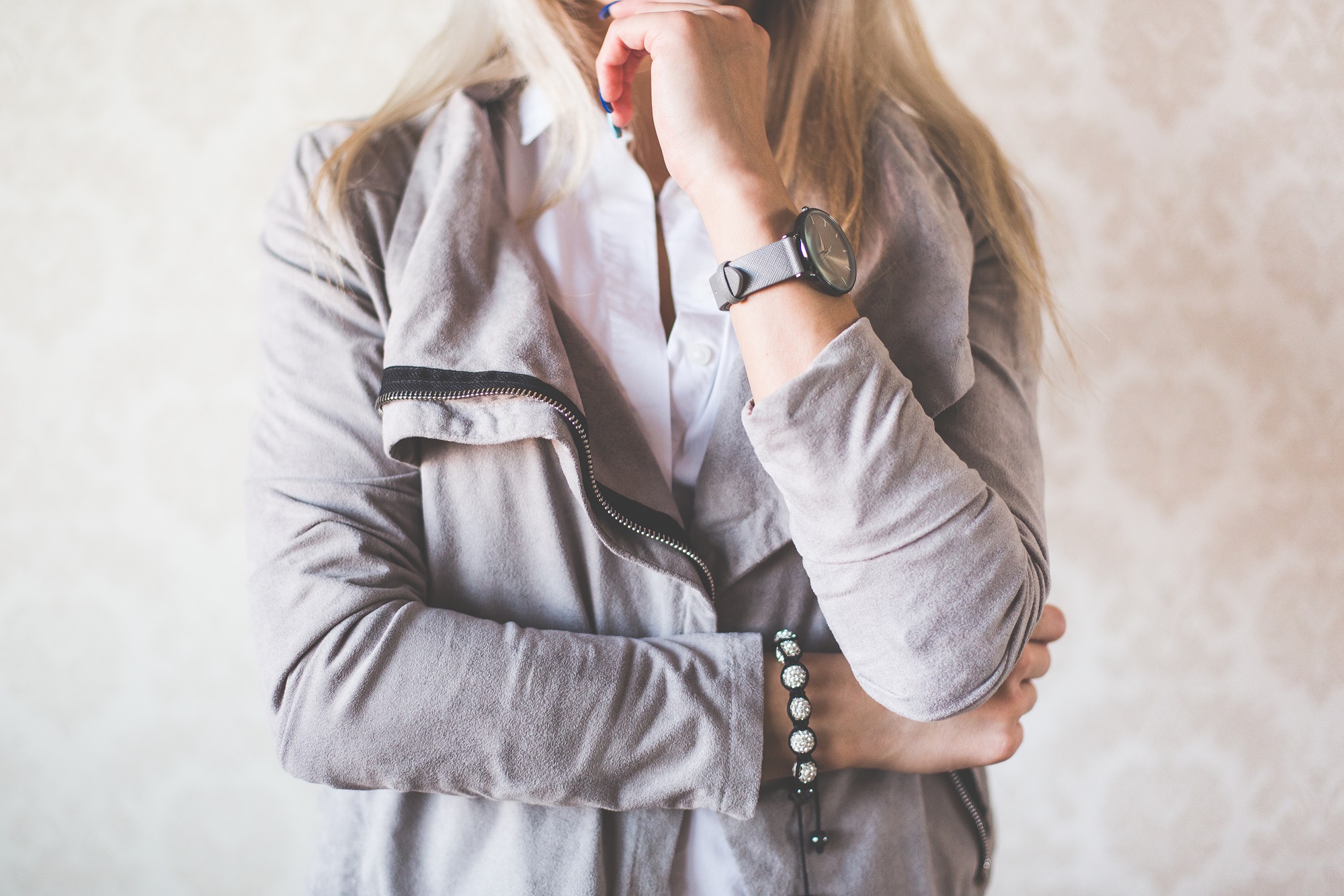 Girl Fashion Pose With Gray Watches And Suede Jacket 2 Picjumbo Com
